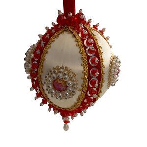 Handcrafted Vtg. Xmas Ornament Red Pink Pearl Straight Pins Sequins Gold Trim
